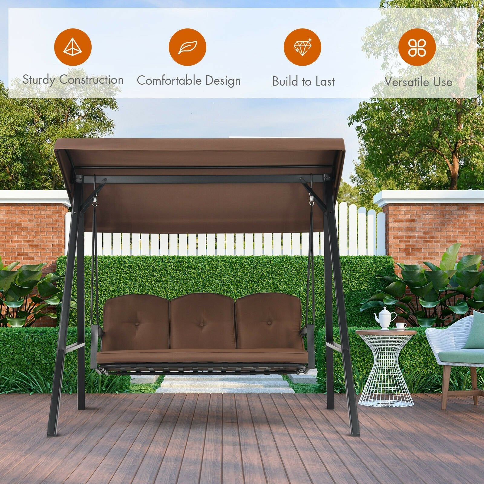 Outdoor 3-Seat Porch Swing with Adjust Canopy and Cushions, Brown Porch Swings   at Gallery Canada