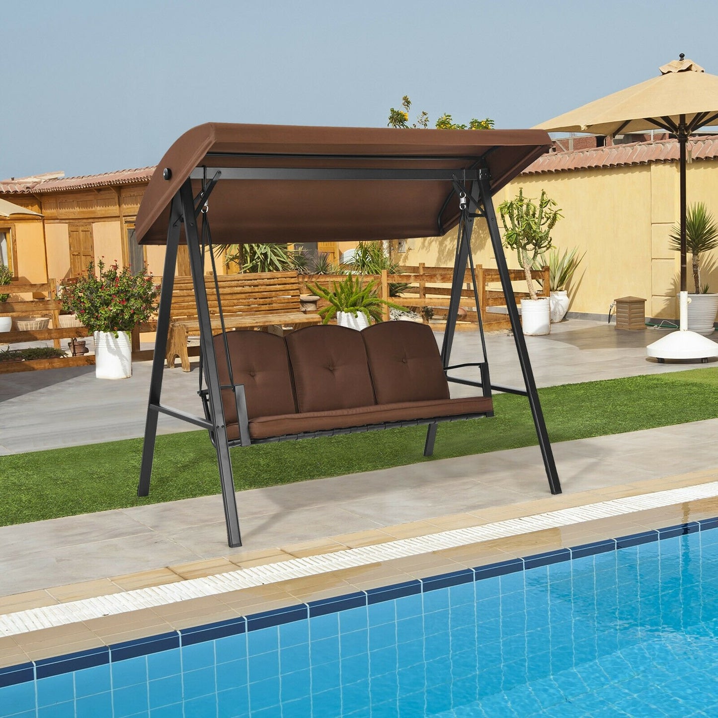 Outdoor 3-Seat Porch Swing with Adjust Canopy and Cushions, Brown Porch Swings   at Gallery Canada