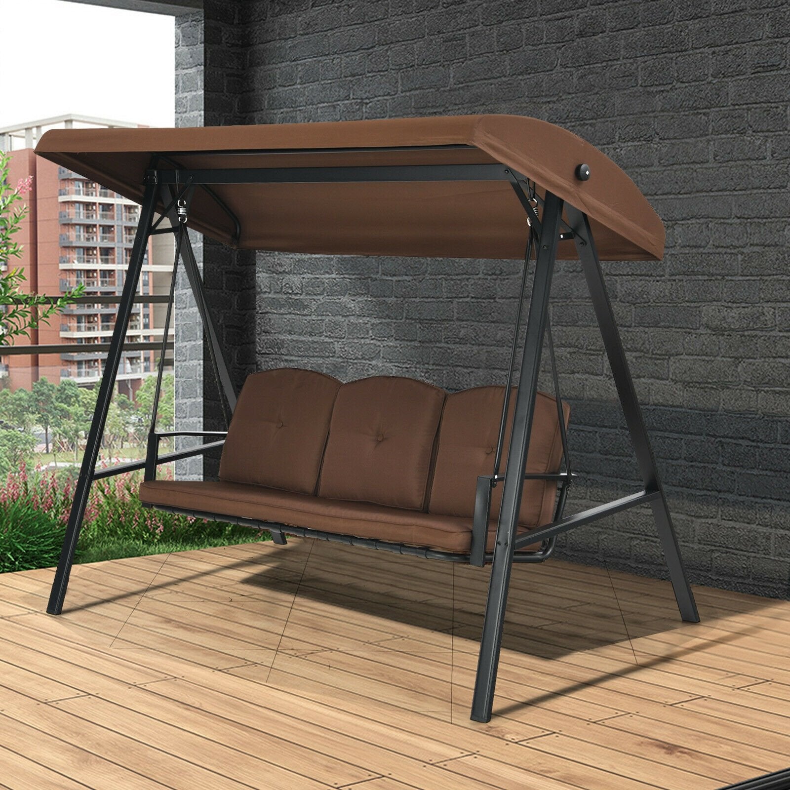 Outdoor 3-Seat Porch Swing with Adjust Canopy and Cushions, Brown Porch Swings   at Gallery Canada