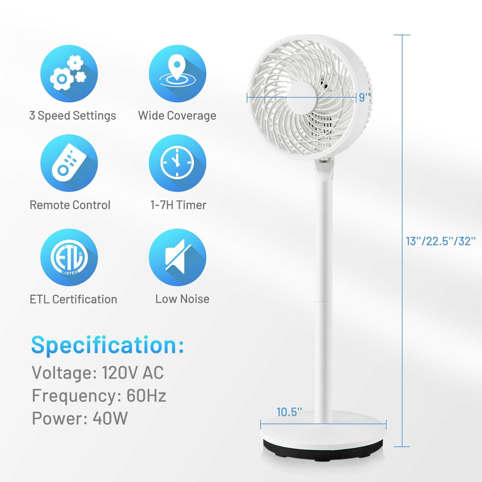 9 Inch Portable Oscillating Pedestal Floor Fan with Adjustable Heights and Speeds, White Fans   at Gallery Canada