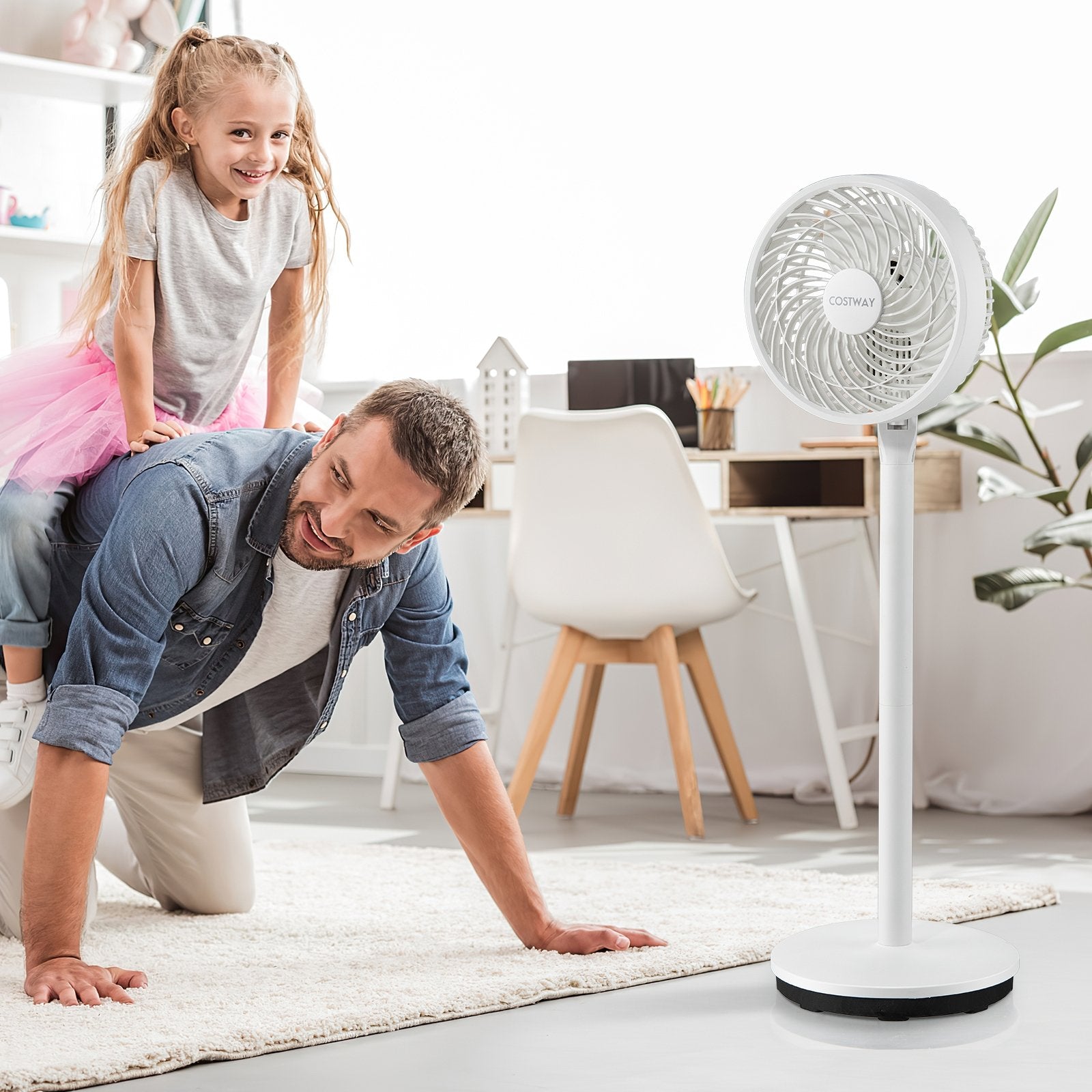 9 Inch Portable Oscillating Pedestal Floor Fan with Adjustable Heights and Speeds, White Fans   at Gallery Canada