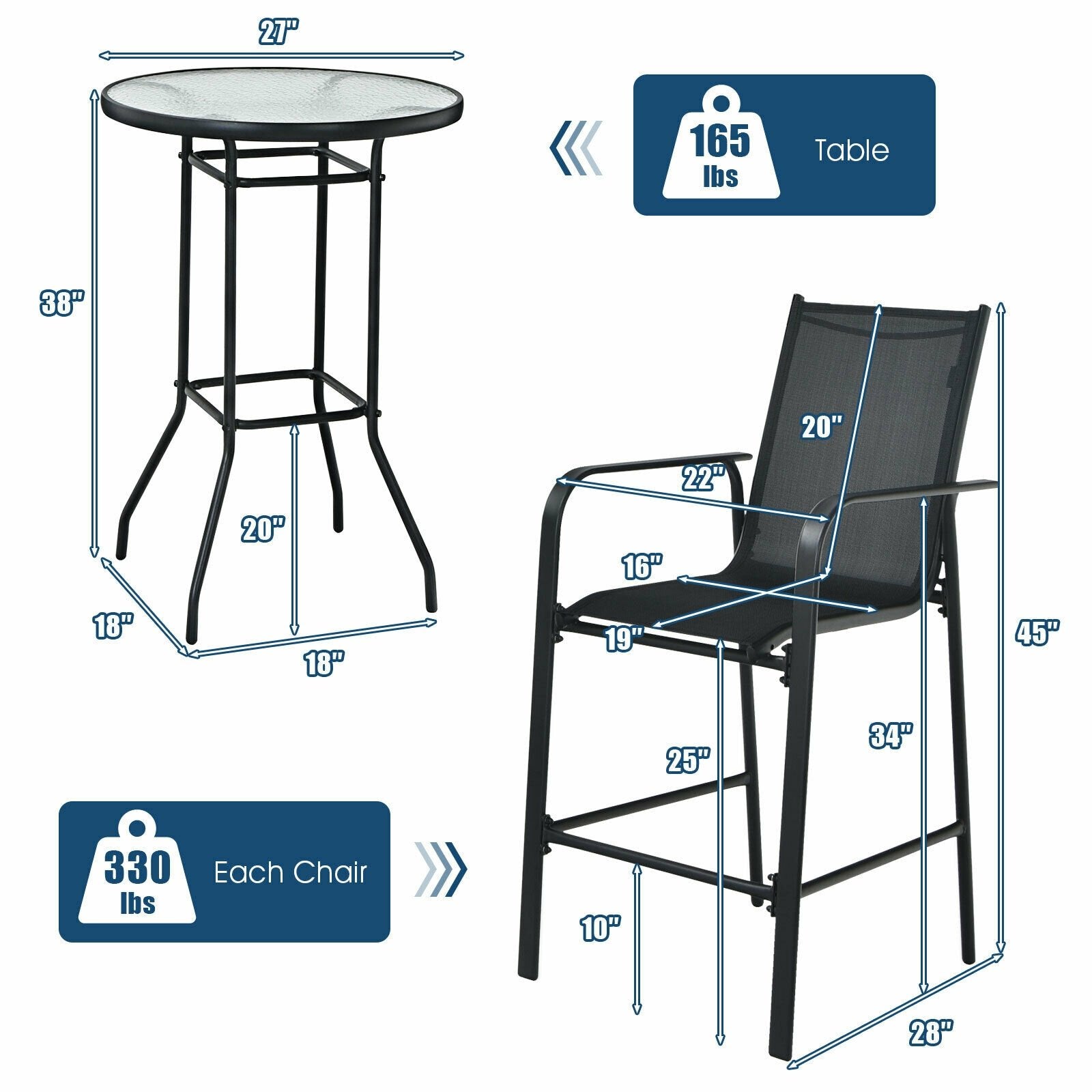 3 Pieces Outdoor Patio Bar Table Stool Set, Black Patio Conversation Sets   at Gallery Canada