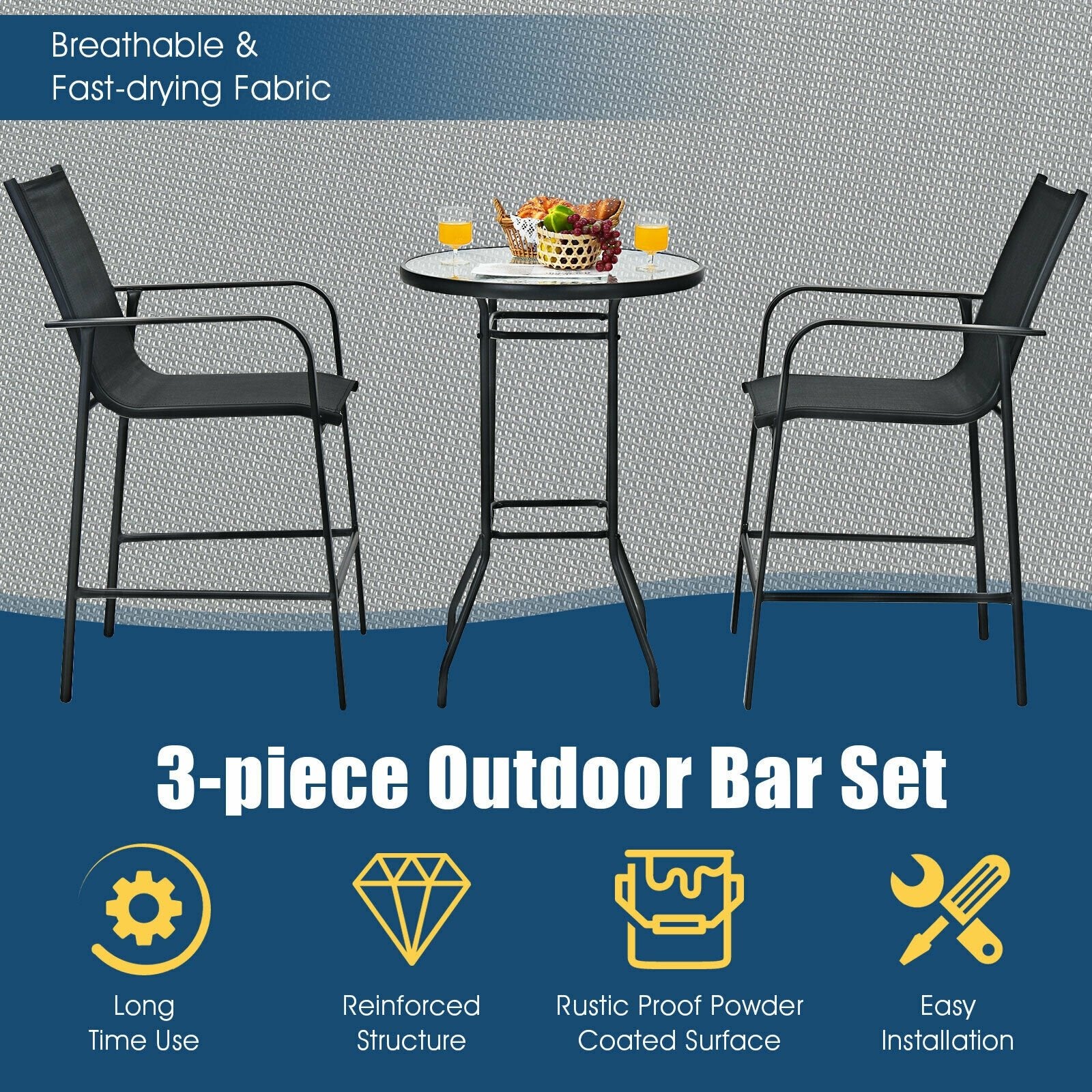 3 Pieces Outdoor Patio Bar Table Stool Set, Black Patio Conversation Sets   at Gallery Canada