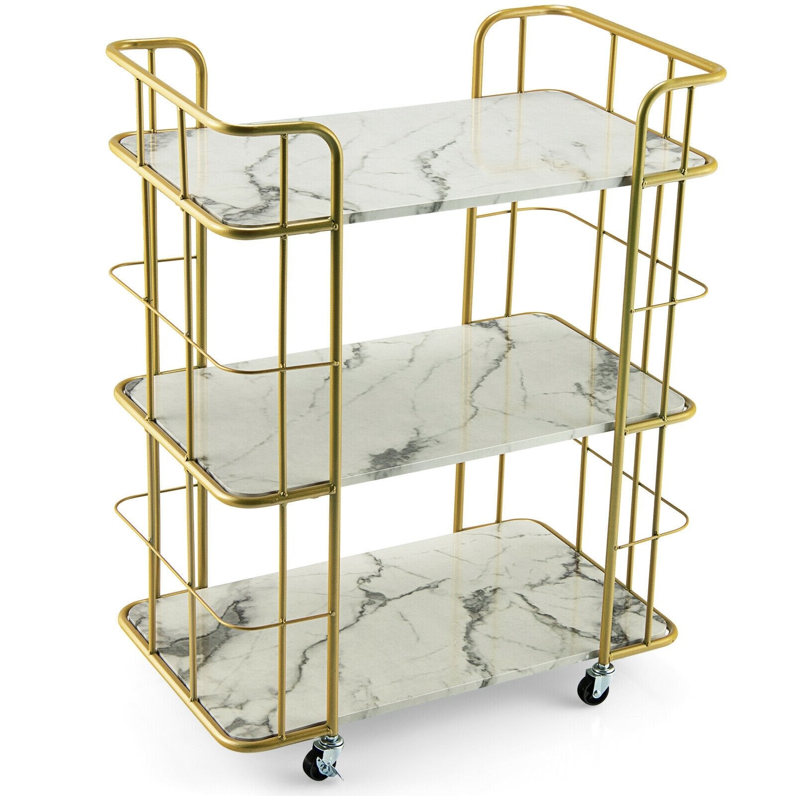 3-Tier Metal Kitchen Storage Serving Cart Trolley with Marble Tabletop and Handles, Golden Kitchen Islands & Carts Golden  at Gallery Canada