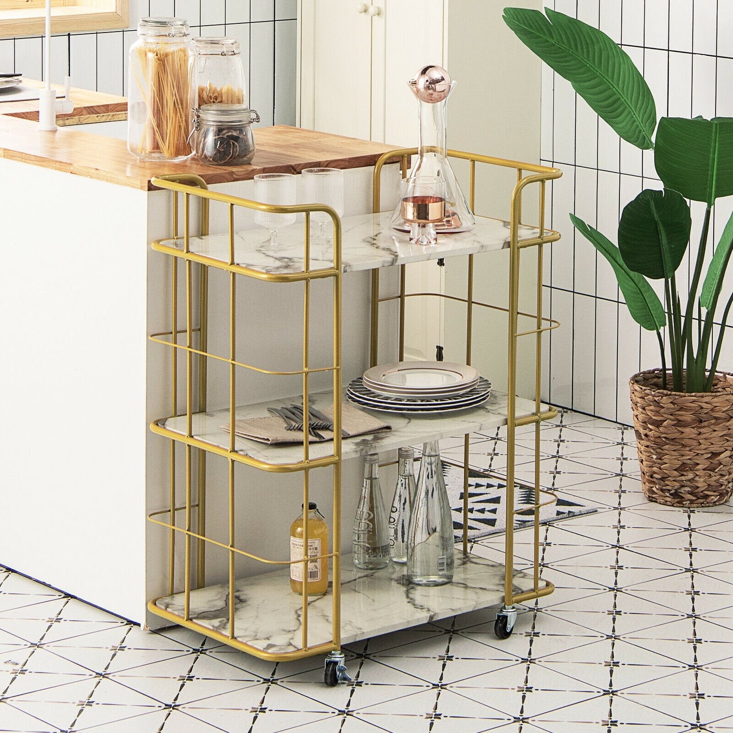 3-Tier Metal Kitchen Storage Serving Cart Trolley with Marble Tabletop and Handles, Golden Kitchen Islands & Carts   at Gallery Canada