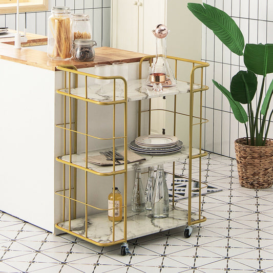 3-Tier Metal Kitchen Storage Serving Cart Trolley with Marble Tabletop and Handles, Golden Kitchen Islands & Carts Golden  at Gallery Canada