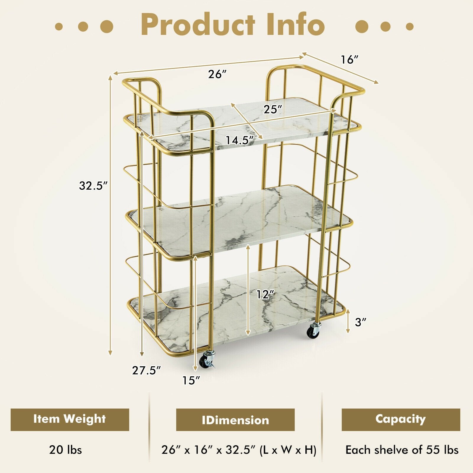 3-Tier Metal Kitchen Storage Serving Cart Trolley with Marble Tabletop and Handles, Golden Kitchen Islands & Carts   at Gallery Canada