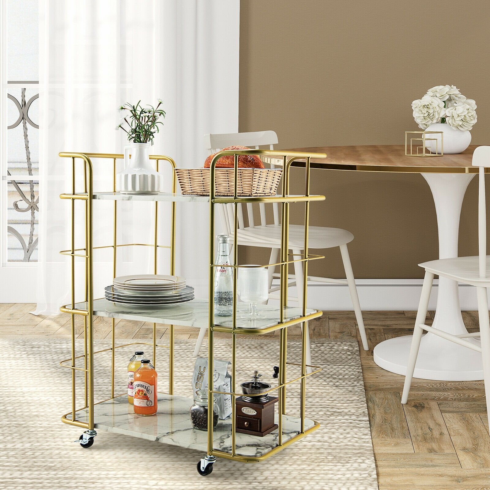 3-Tier Metal Kitchen Storage Serving Cart Trolley with Marble Tabletop and Handles, Golden Kitchen Islands & Carts   at Gallery Canada