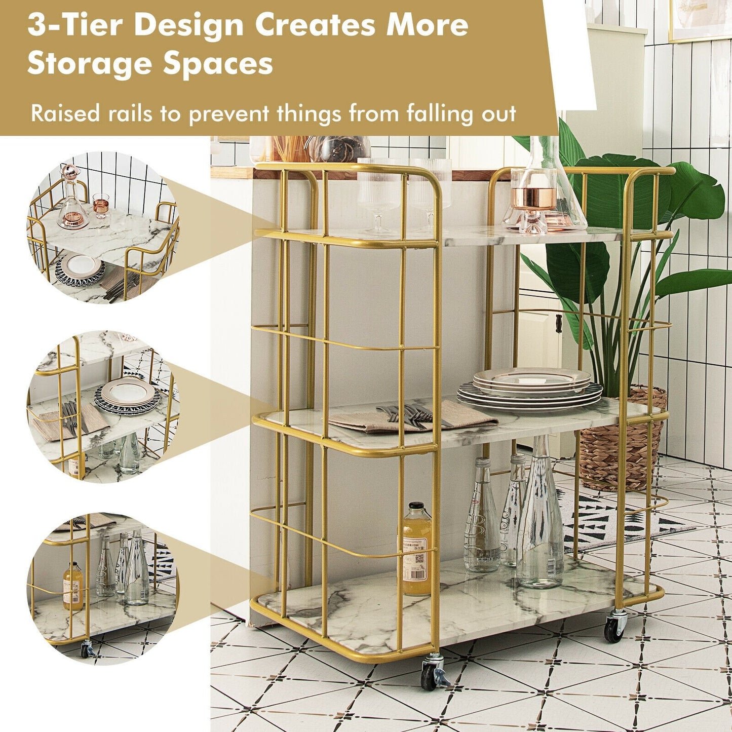 3-Tier Metal Kitchen Storage Serving Cart Trolley with Marble Tabletop and Handles, Golden Kitchen Islands & Carts   at Gallery Canada