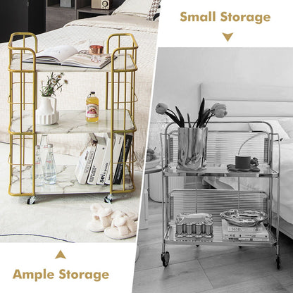 3-Tier Metal Kitchen Storage Serving Cart Trolley with Marble Tabletop and Handles, Golden Kitchen Islands & Carts   at Gallery Canada