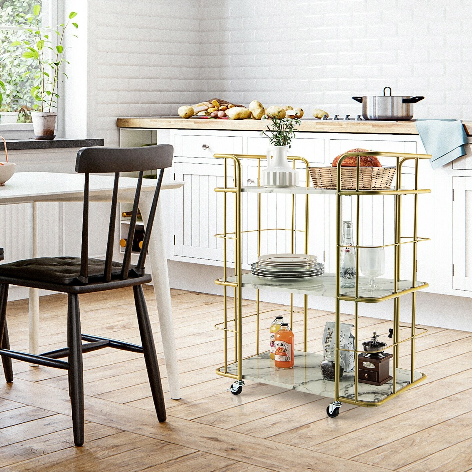 3-Tier Metal Kitchen Storage Serving Cart Trolley with Marble Tabletop and Handles, Golden Kitchen Islands & Carts   at Gallery Canada