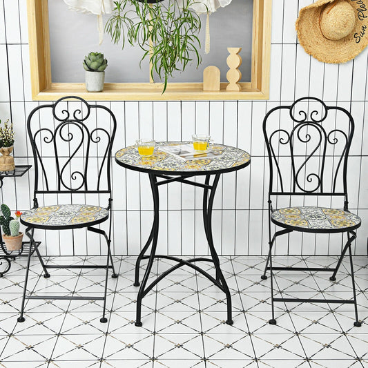 3 Pieces Patio Bistro Mosaic Design Set with Folding Chairs and Round Table, Black Patio Conversation Sets   at Gallery Canada