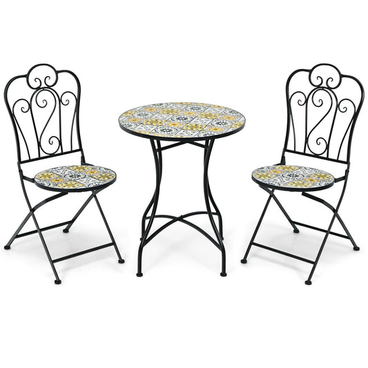 3 Pieces Patio Bistro Mosaic Design Set with Folding Chairs and Round Table, Black Patio Conversation Sets   at Gallery Canada