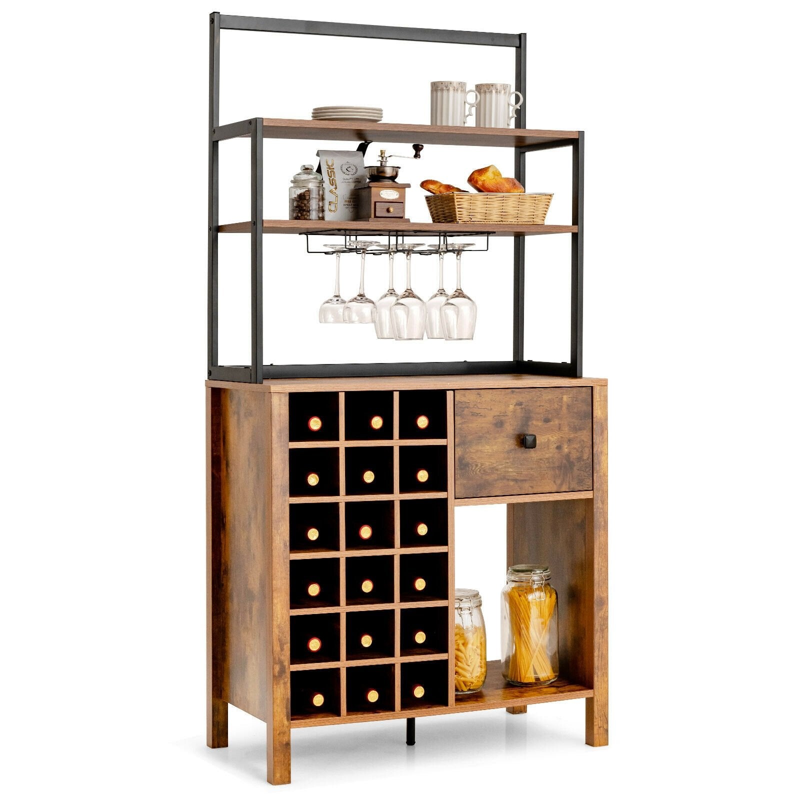 Kitchen Bakers Rack Freestanding Wine Rack Table with Glass Holder and Drawer, Rustic Brown Wine Racks   at Gallery Canada