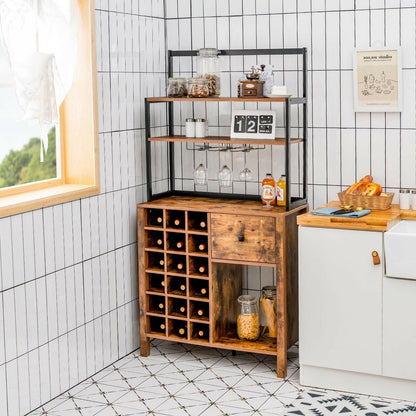 Kitchen Bakers Rack Freestanding Wine Rack Table with Glass Holder and Drawer, Rustic Brown Wine Racks   at Gallery Canada