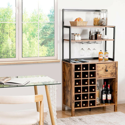 Kitchen Bakers Rack Freestanding Wine Rack Table with Glass Holder and Drawer, Rustic Brown Wine Racks   at Gallery Canada