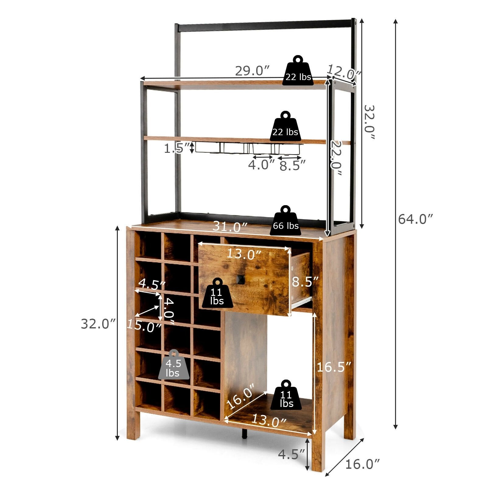 Kitchen Bakers Rack Freestanding Wine Rack Table with Glass Holder and Drawer, Rustic Brown Wine Racks   at Gallery Canada