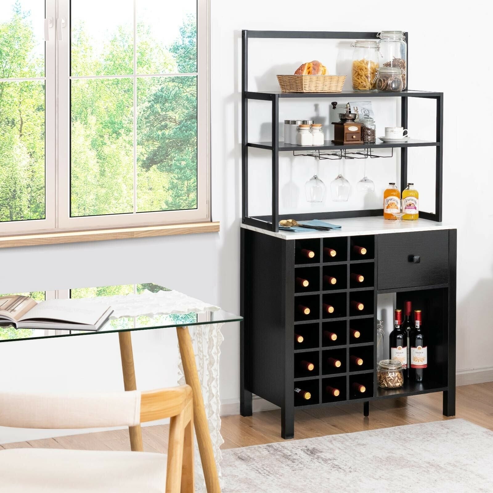 Kitchen Bakers Rack Freestanding Wine Rack Table with Glass Holder and Drawer, Black Wine Racks   at Gallery Canada