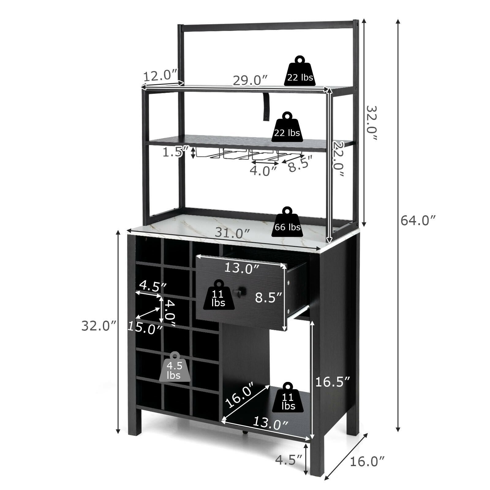 Kitchen Bakers Rack Freestanding Wine Rack Table with Glass Holder and Drawer, Black Wine Racks   at Gallery Canada