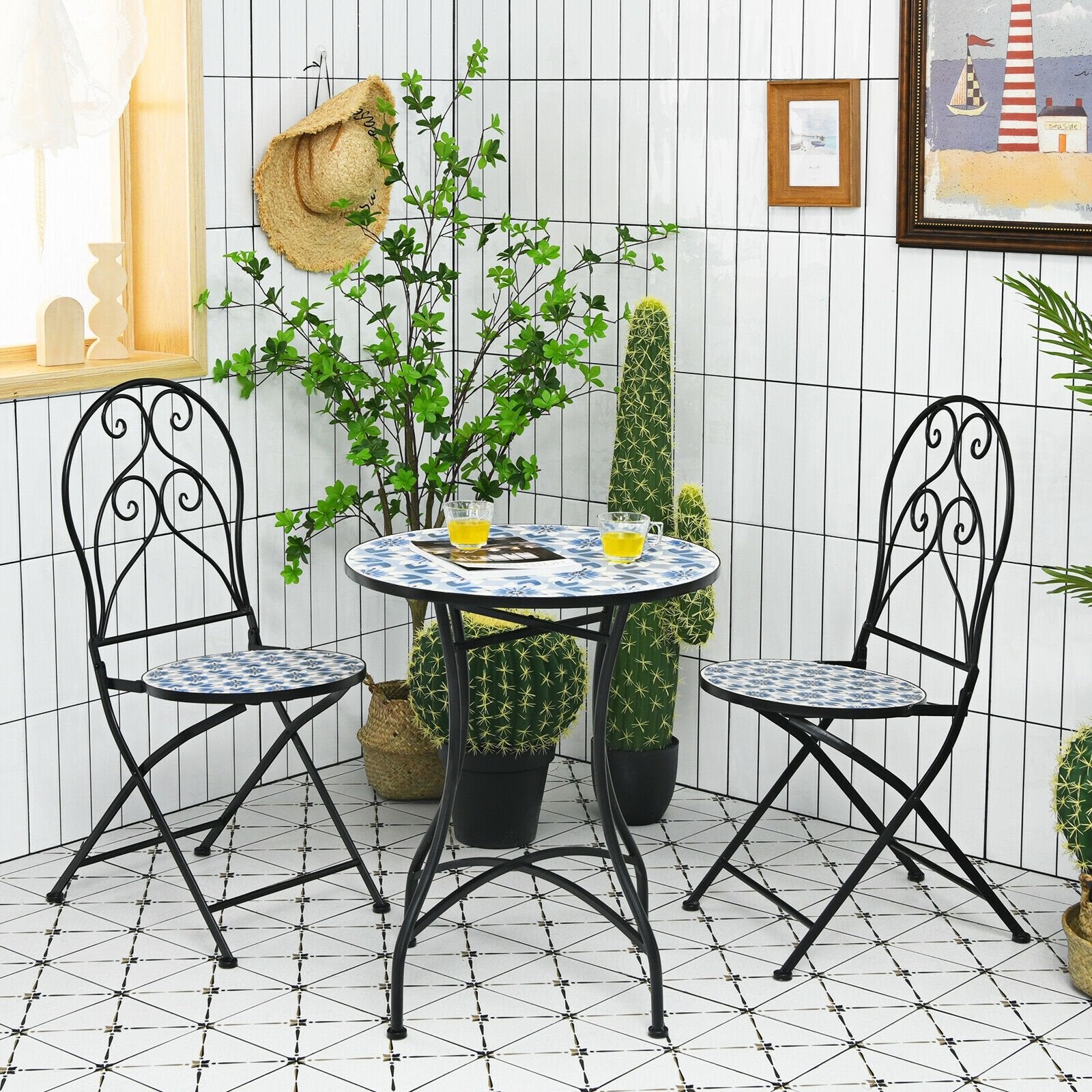 3 Pieces Patio Bistro Furniture Set with Mosaic Design, Black Patio Conversation Sets   at Gallery Canada