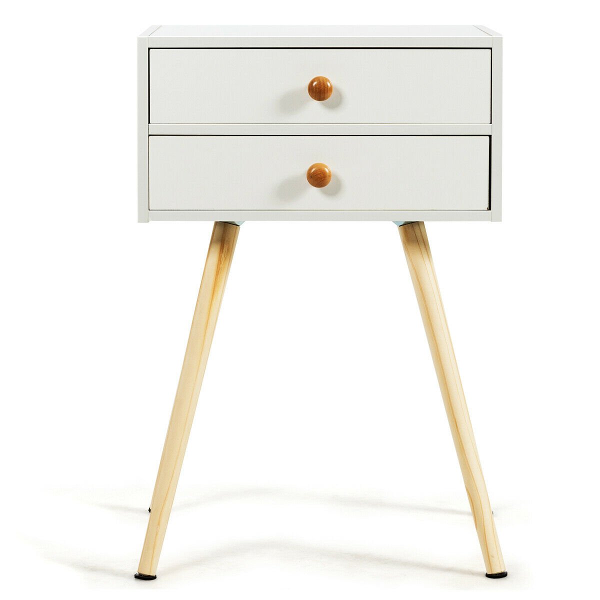 Mid Century Modern 2 Drawers Nightstand in Natural, White Nightstands   at Gallery Canada