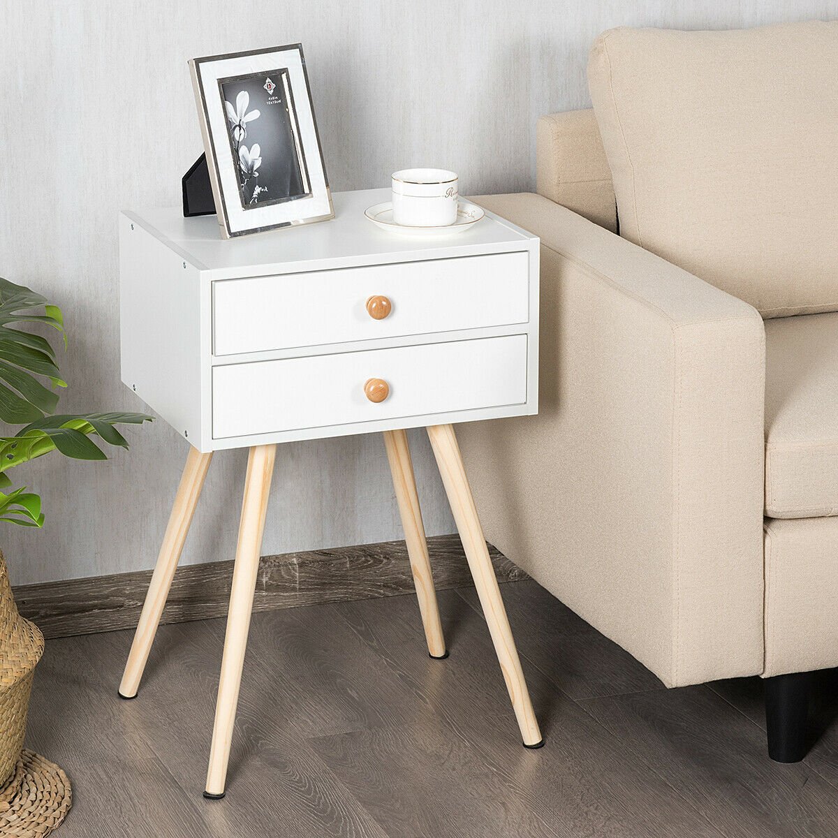 Mid Century Modern 2 Drawers Nightstand in Natural, White Nightstands   at Gallery Canada