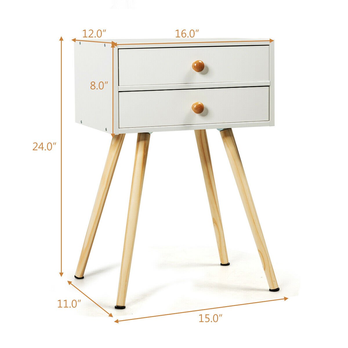 Mid Century Modern 2 Drawers Nightstand in Natural, White Nightstands   at Gallery Canada