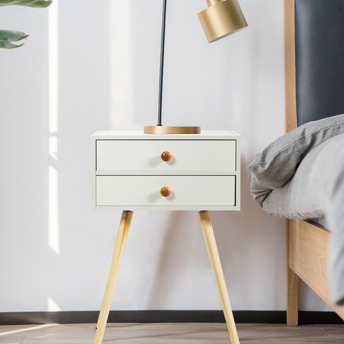 Mid Century Modern 2 Drawers Nightstand in Natural, White Nightstands   at Gallery Canada