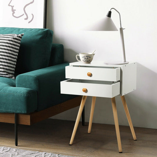 Mid Century Modern 2 Drawers Nightstand in Natural, White Nightstands   at Gallery Canada