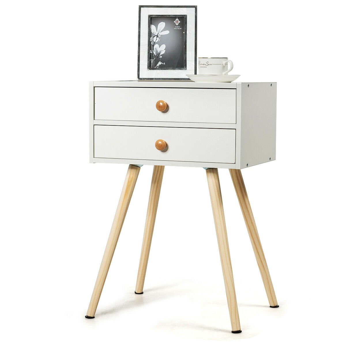 Mid Century Modern 2 Drawers Nightstand in Natural, White Nightstands   at Gallery Canada