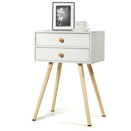 Mid Century Modern 2 Drawers Nightstand in Natural, White