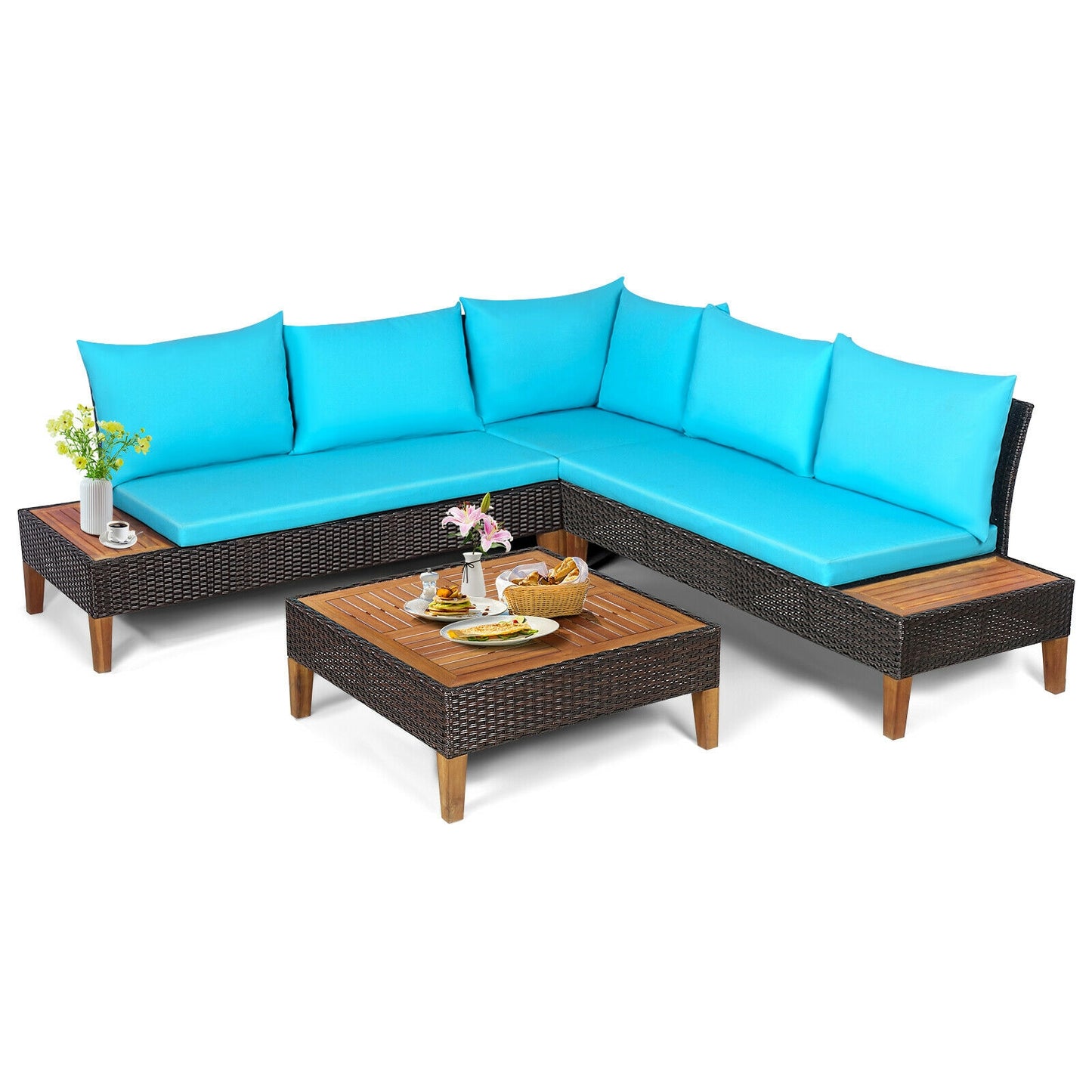 4 Pieces Patio Cushioned Rattan Furniture Set with Wooden Side Table, Turquoise Outdoor Sectionals   at Gallery Canada