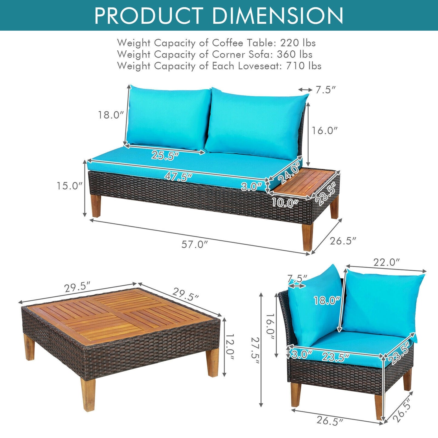 4 Pieces Patio Cushioned Rattan Furniture Set with Wooden Side Table, Turquoise Outdoor Sectionals   at Gallery Canada