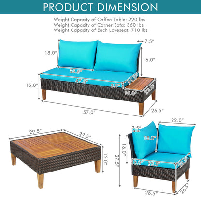 4 Pieces Patio Cushioned Rattan Furniture Set with Wooden Side Table, Turquoise Outdoor Sectionals   at Gallery Canada