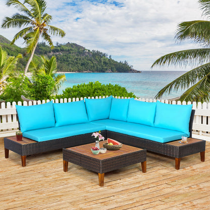 4 Pieces Patio Cushioned Rattan Furniture Set with Wooden Side Table, Turquoise Outdoor Sectionals   at Gallery Canada