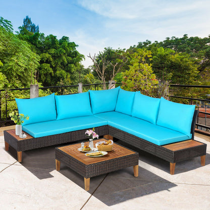 4 Pieces Patio Cushioned Rattan Furniture Set with Wooden Side Table, Turquoise Outdoor Sectionals   at Gallery Canada