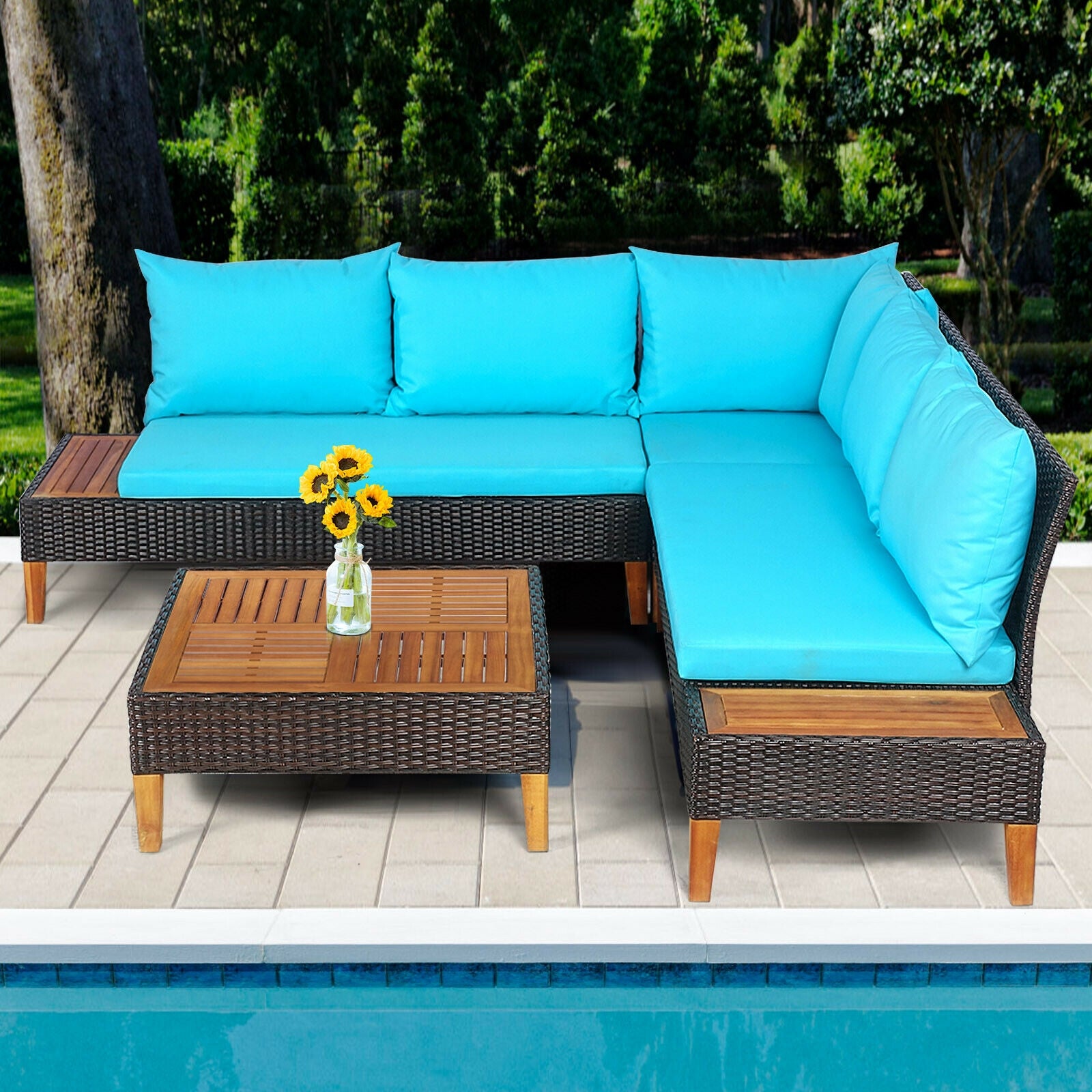 4 Pieces Patio Cushioned Rattan Furniture Set with Wooden Side Table, Turquoise Outdoor Sectionals   at Gallery Canada