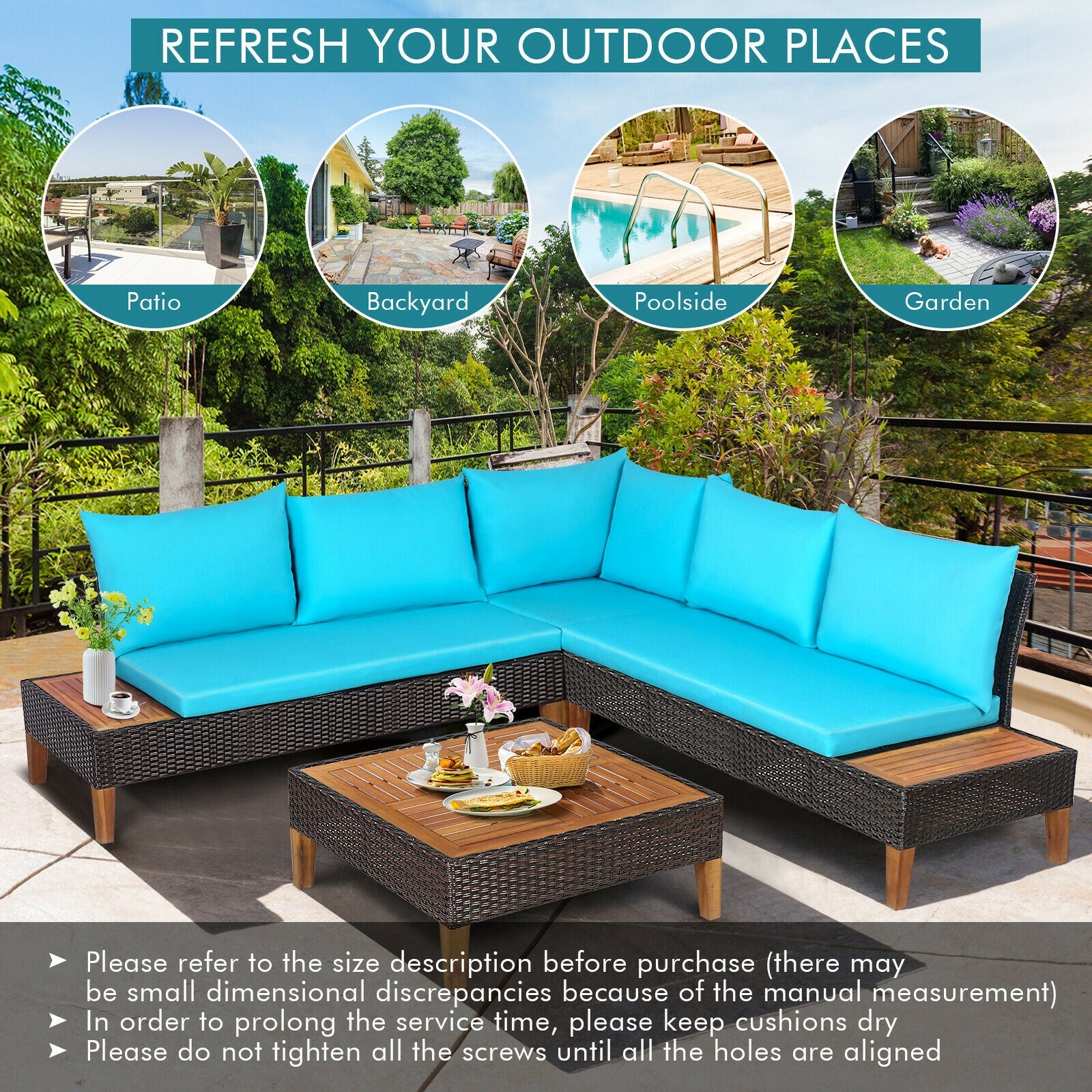 4 Pieces Patio Cushioned Rattan Furniture Set with Wooden Side Table, Turquoise Outdoor Sectionals   at Gallery Canada