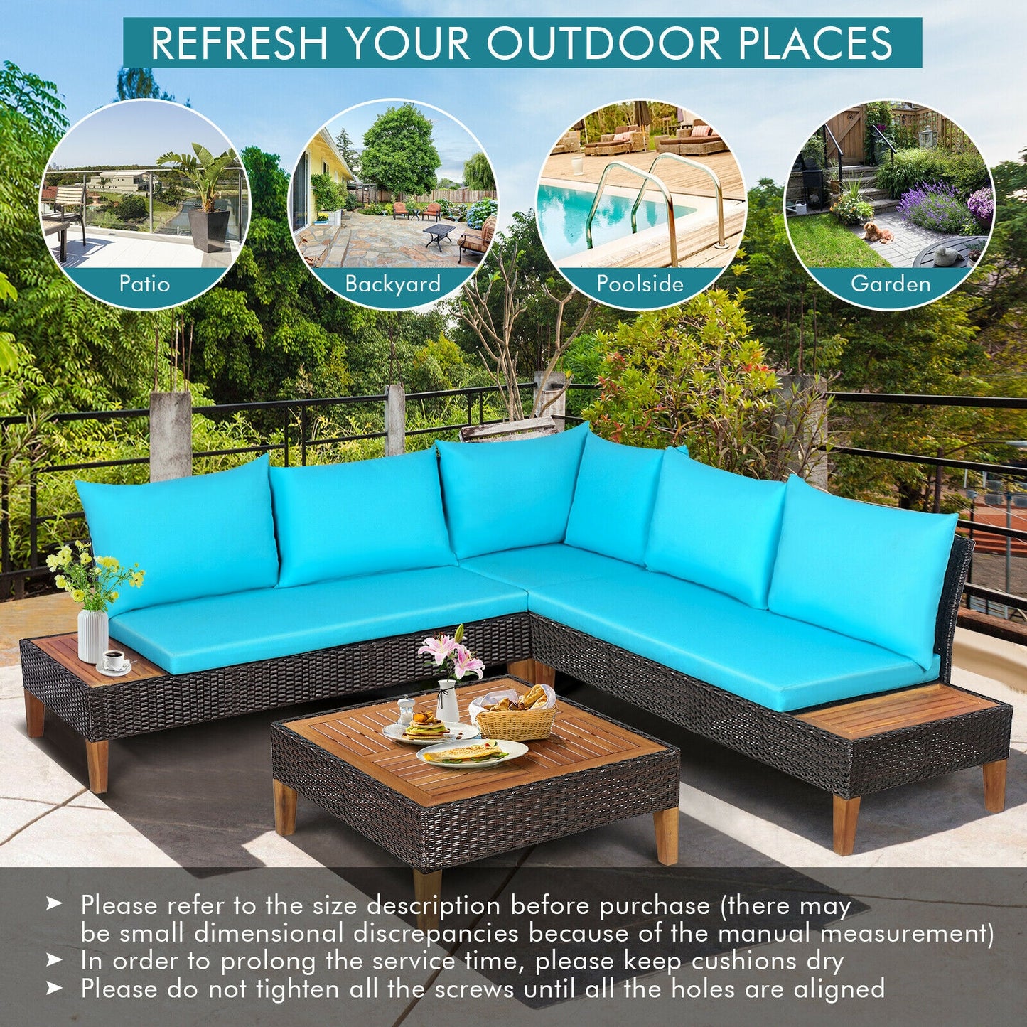 4 Pieces Patio Cushioned Rattan Furniture Set with Wooden Side Table, Turquoise Outdoor Sectionals   at Gallery Canada