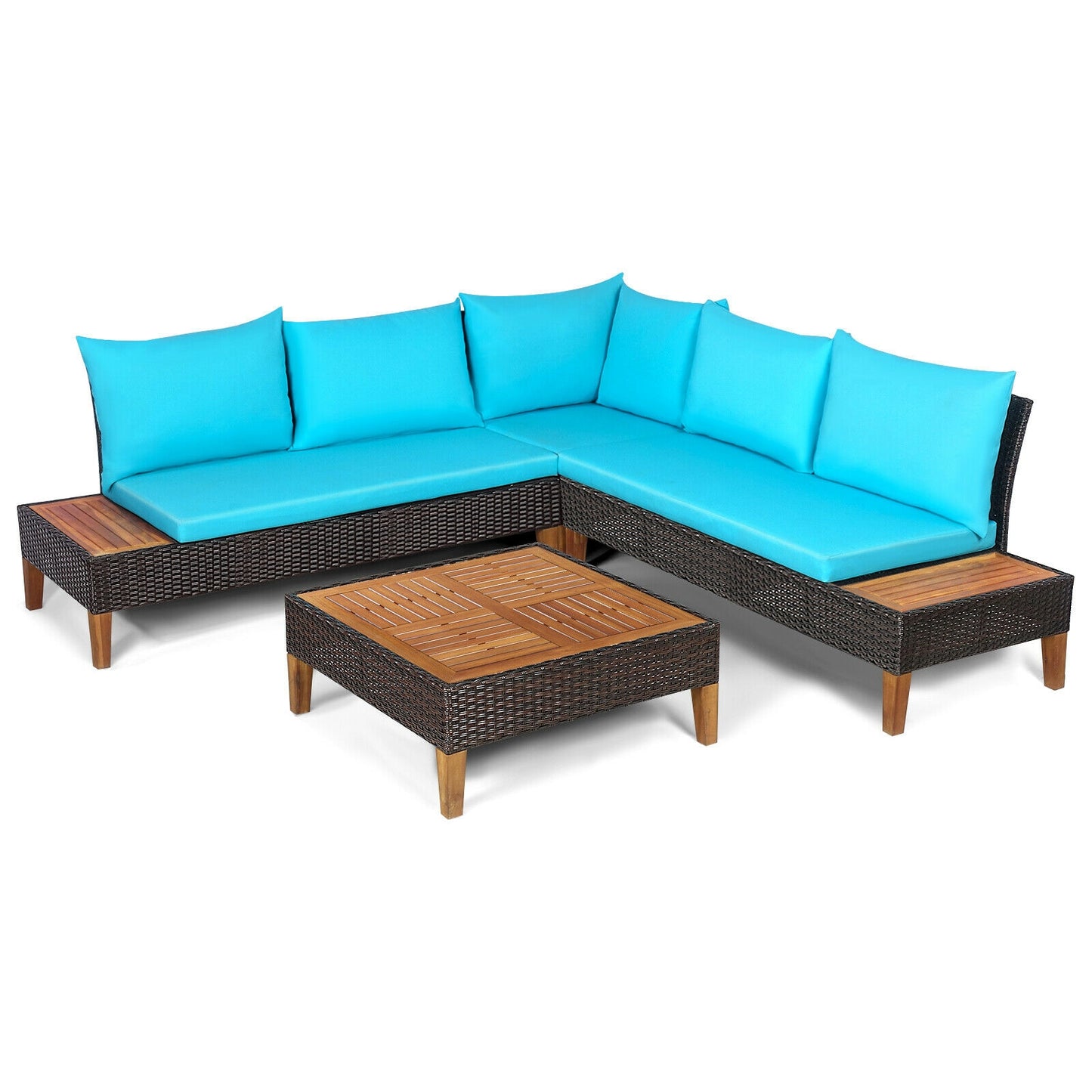 4 Pieces Patio Cushioned Rattan Furniture Set with Wooden Side Table, Turquoise Outdoor Sectionals Turquoise  at Gallery Canada