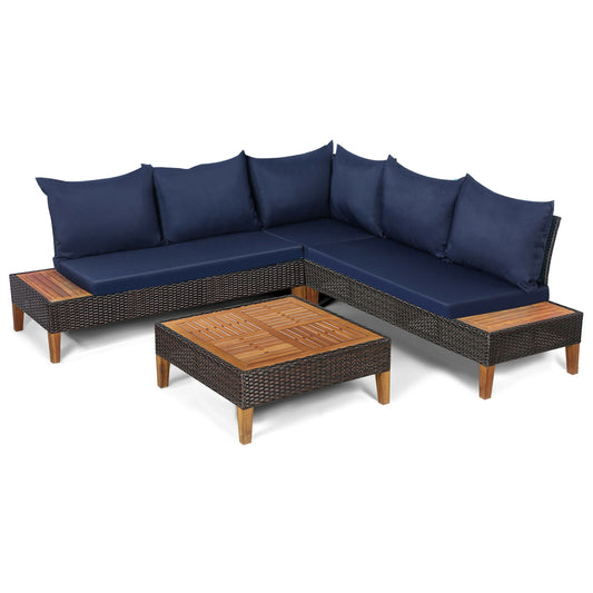 4 Pieces Patio Cushioned Rattan Furniture Set with Wooden Side Table, Navy Outdoor Sectionals Navy  at Gallery Canada