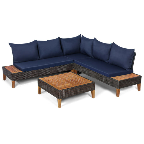 4 Pieces Patio Cushioned Rattan Furniture Set with Wooden Side Table, Navy