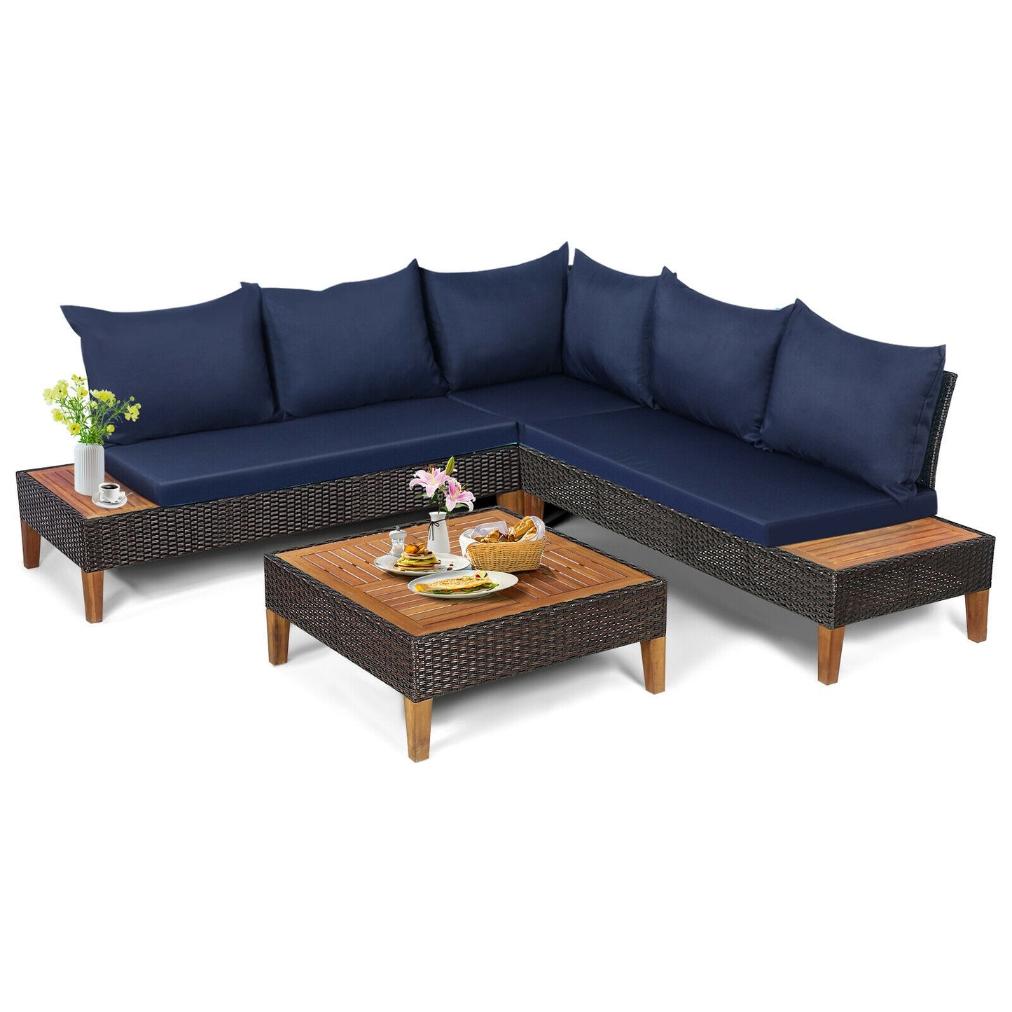 4 Pieces Patio Cushioned Rattan Furniture Set with Wooden Side Table, Navy Outdoor Sectionals   at Gallery Canada