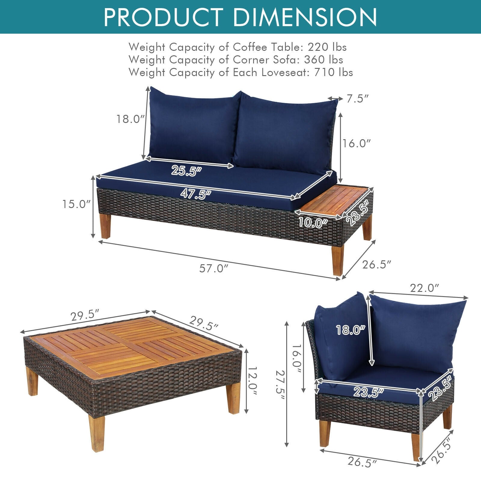 4 Pieces Patio Cushioned Rattan Furniture Set with Wooden Side Table, Navy Outdoor Sectionals   at Gallery Canada