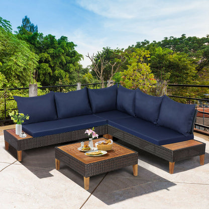 4 Pieces Patio Cushioned Rattan Furniture Set with Wooden Side Table, Navy Outdoor Sectionals   at Gallery Canada