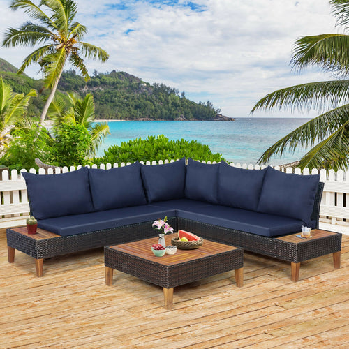 4 Pieces Patio Cushioned Rattan Furniture Set with Wooden Side Table, Navy