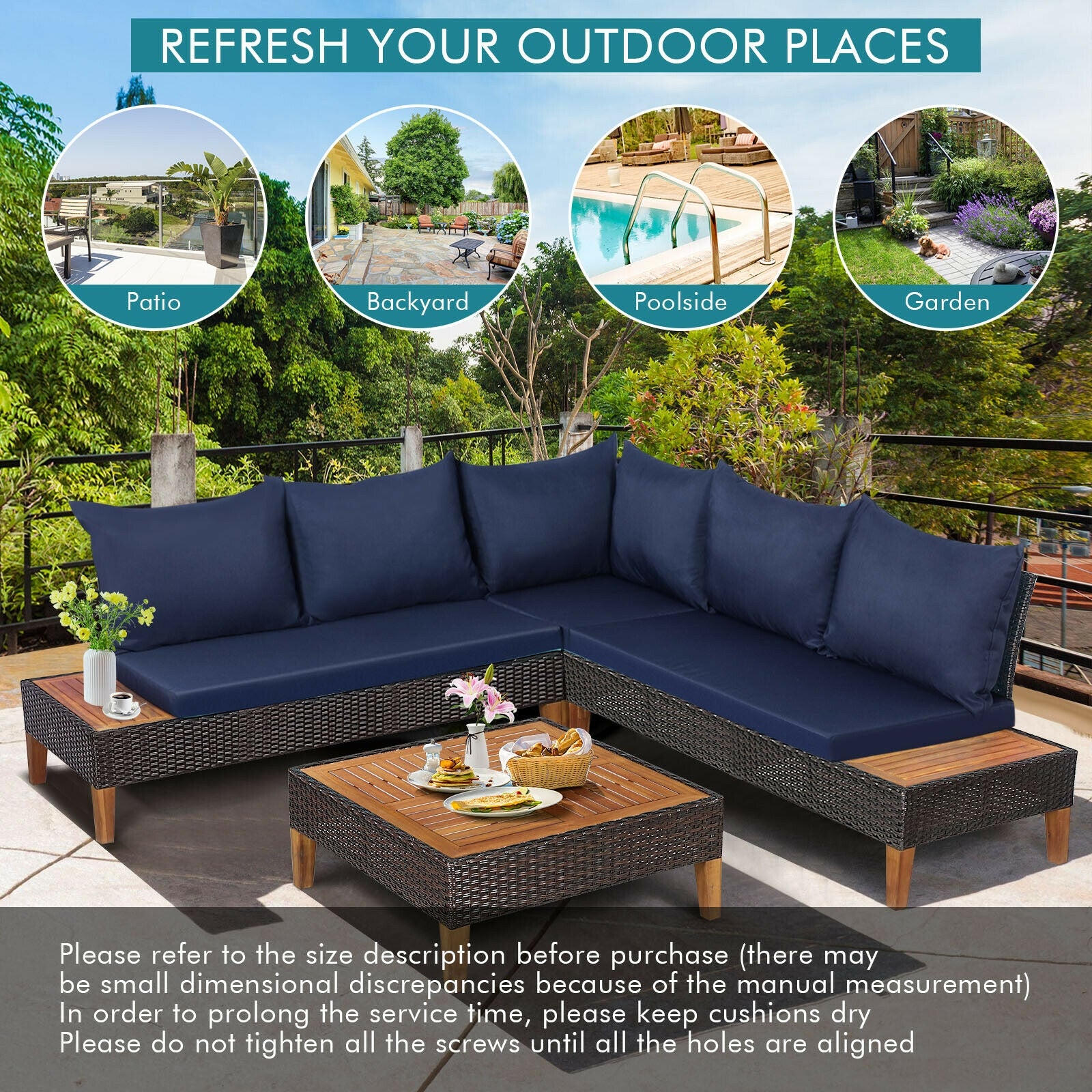 4 Pieces Patio Cushioned Rattan Furniture Set with Wooden Side Table, Navy Outdoor Sectionals   at Gallery Canada