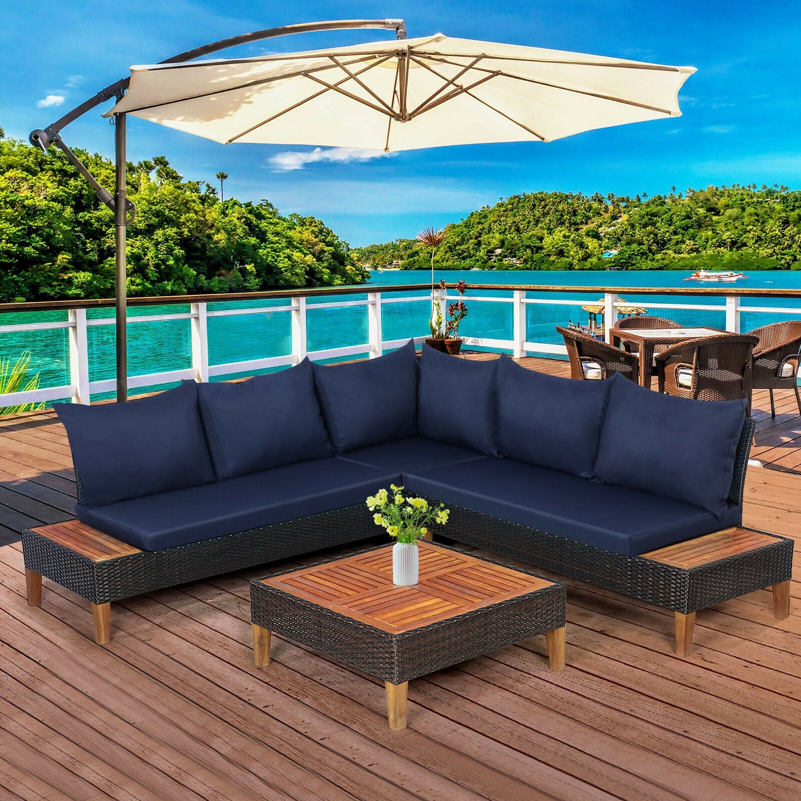 4 Pieces Patio Cushioned Rattan Furniture Set with Wooden Side Table, Navy Outdoor Sectionals   at Gallery Canada