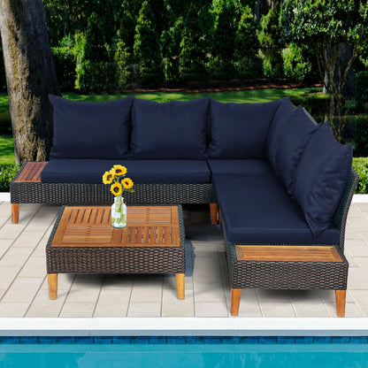 4 Pieces Patio Cushioned Rattan Furniture Set with Wooden Side Table, Navy Outdoor Sectionals   at Gallery Canada