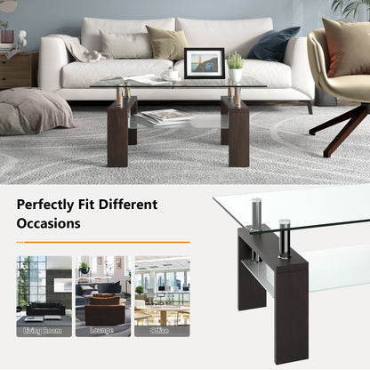Rectangular Tempered Glass Coffee Table with Shelf, Brown - Gallery Canada